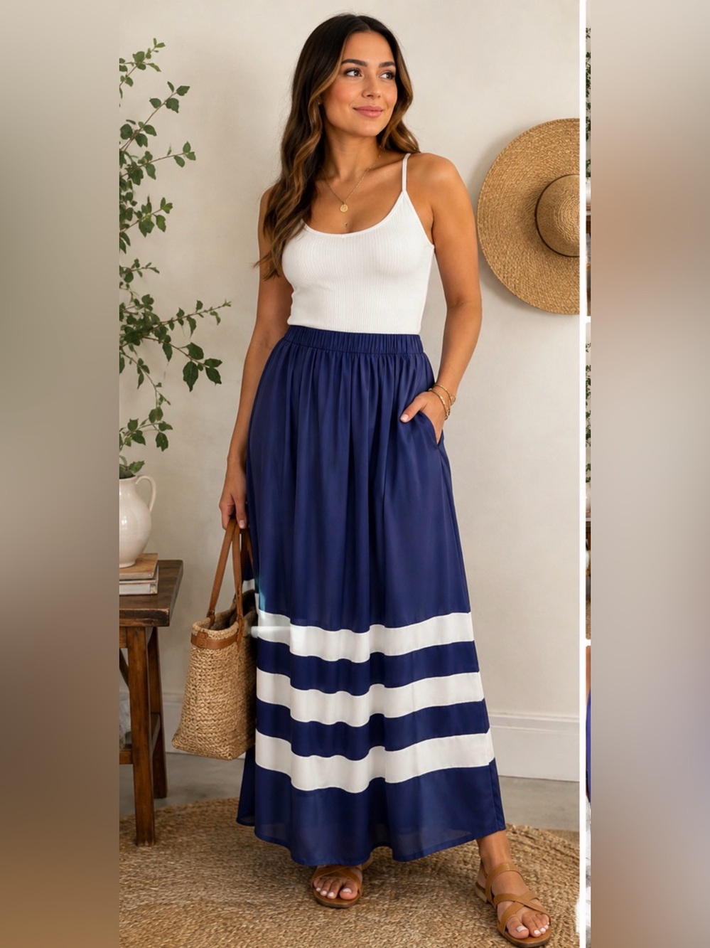 Sunday in Brooklyn Navy White Striped Maxi Skirt Size S Coastal Nautical